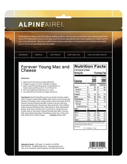 Alpineaire Forever Young Macaroni and Cheese - Cook in the Pouch