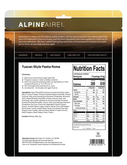 AlpineAire Tuscan Style Pasta Roma – Cook in the Pouch