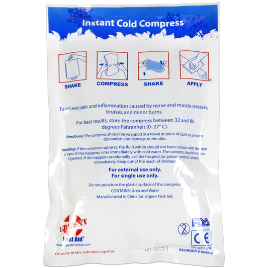 Urgent First Aid Instant Cold Compress, 6 x 9 in (Case of 50) — ANSI Z308.1-2015 Compliant, No Pre-Chilling, Disposable Ice Packs