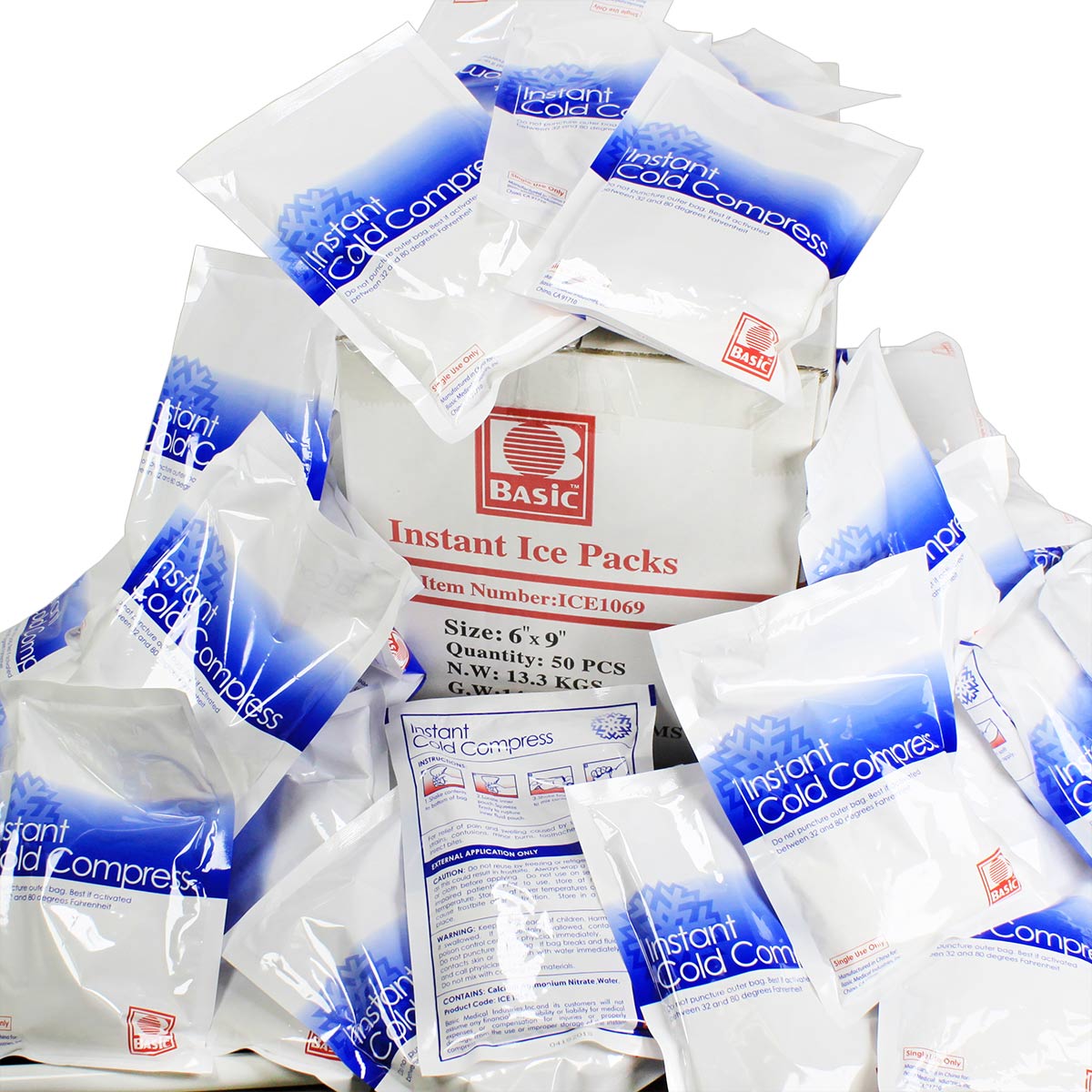 Urgent First Aid Instant Cold Compress, 6 x 9 in (Case of 50) — ANSI Z308.1-2015 Compliant, No Pre-Chilling, Disposable Ice Packs